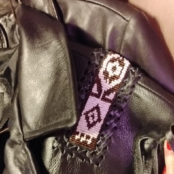 Women's M Black Tribal Leather Fringe Jacket w/ Beaded Straps & Turtles - Picture 3 of 6